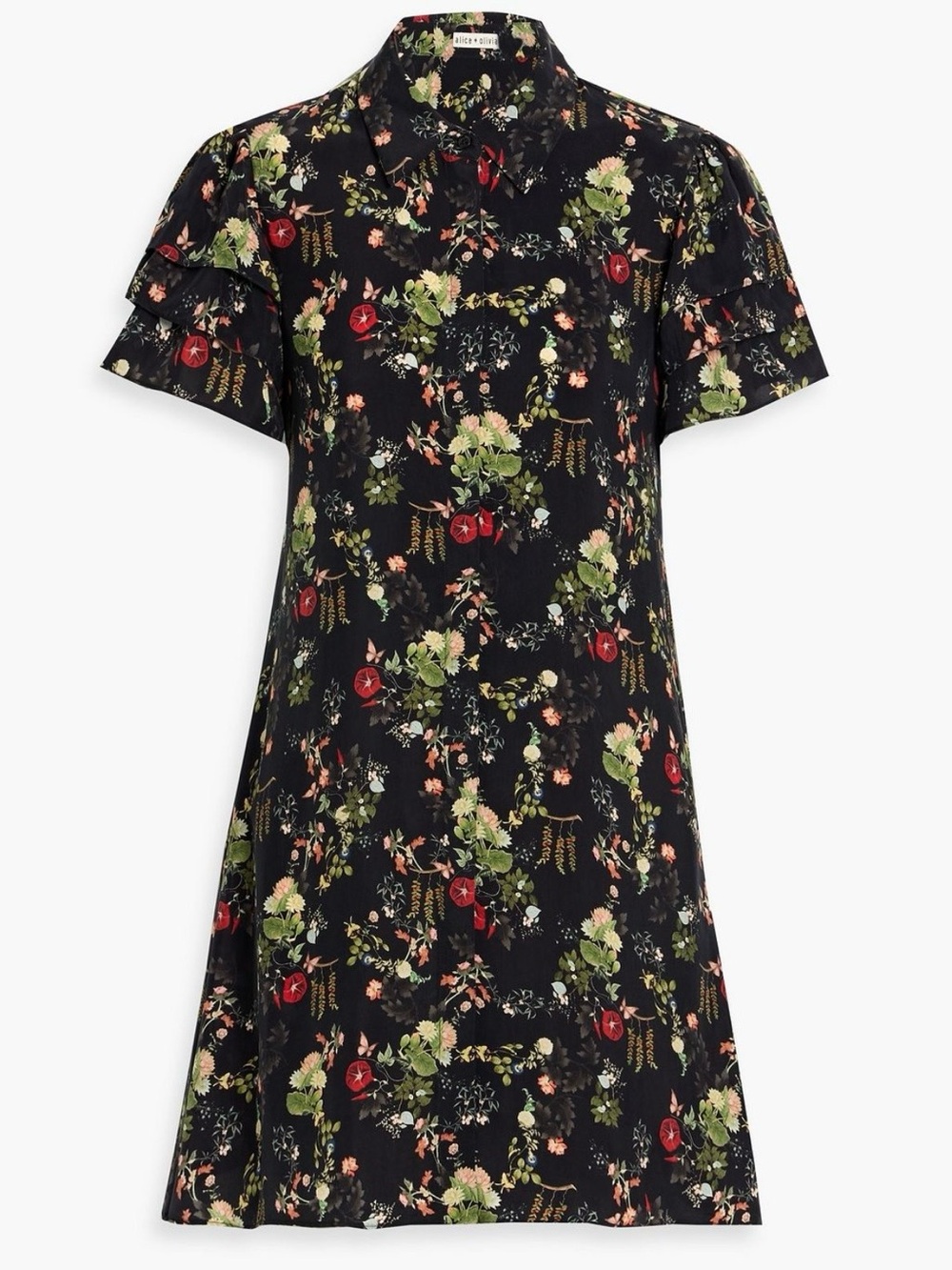 ALICE + OLIVIA Jem Black Floral Print Cupro Mini Shirt Dress Size M - MSRP $440